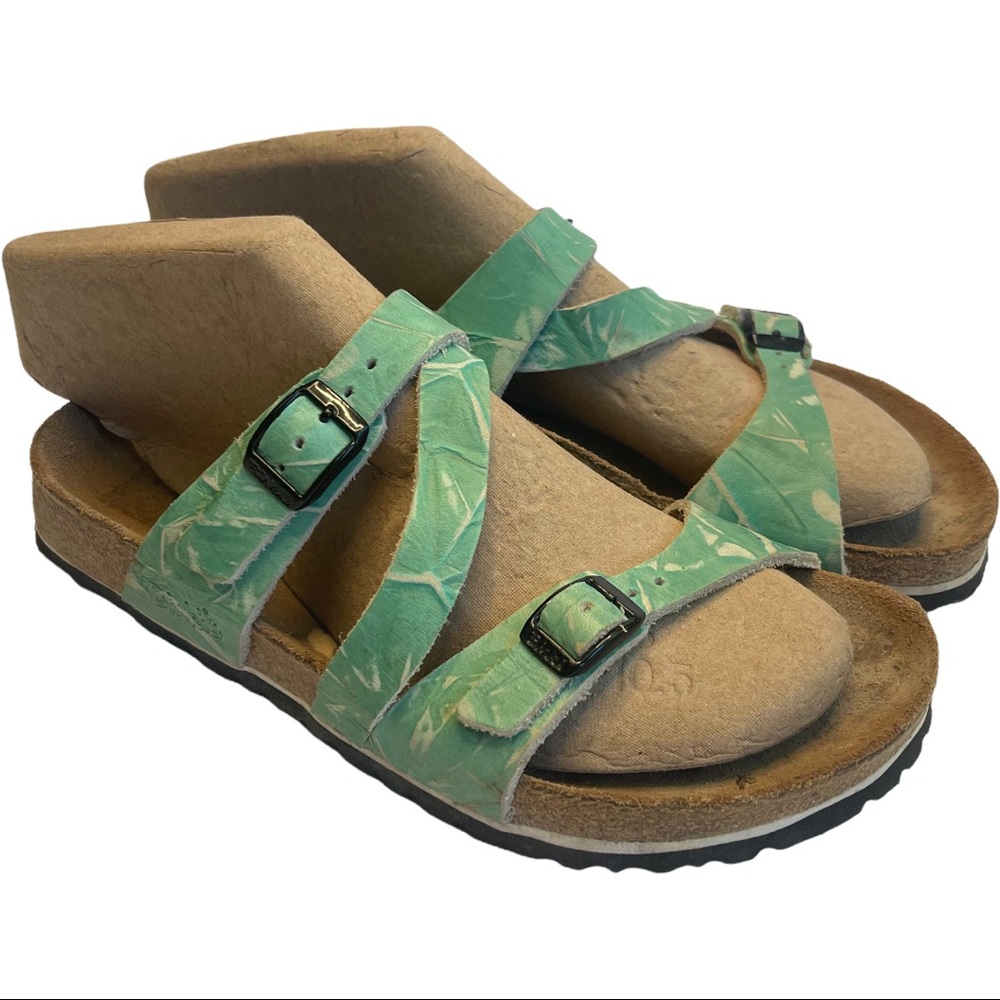 Birkenstock Birki's Size 7 38 Green Patterned Leather Slip On Trendy Sandals